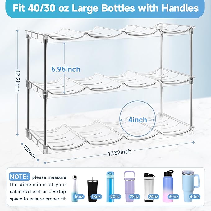 Larger Water Bottle Organizer for Stanley 40 oz Tumbler, Stackable Water Bottle Holder Rack for Cabinet, Kitchen Storage Organizer for for Stanley Cup Accessories, Tumbler Storage Holder, 3 Pack Amoot