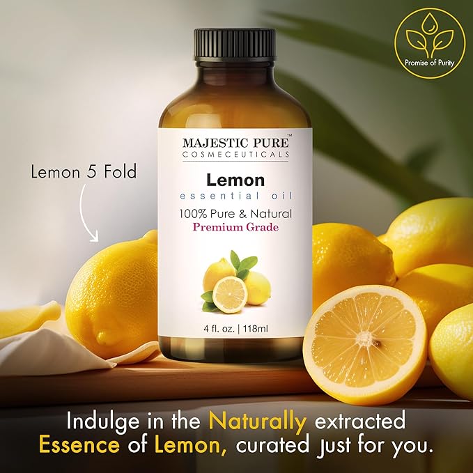 Majestic Pure Lemon Essential Oil with Glass Dropper - Huge 4 Fl Oz - 100% Pure and Natural Lemon Oil - Premium Grade Essential Oils for Diffuser, Aromatherapy, Soap and Candle Making - Bloomnest