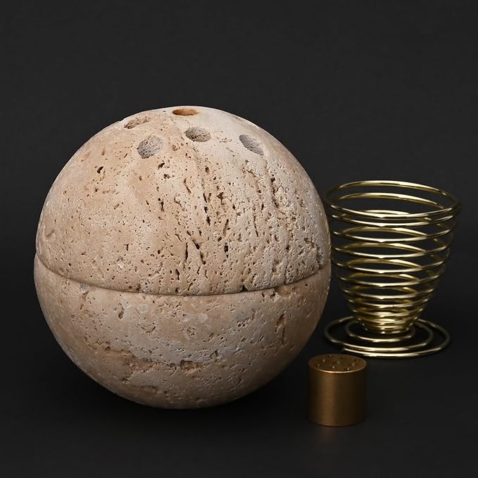 Handmade Travertine Stone Incense Resin Burner Holder – Natural Stone Incense Burner with Brass Insert for Home Decor & Relaxation - Bloomnest