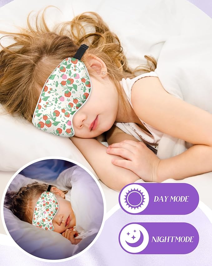 Kids Sleep Mask - Silk Eye Mask for Kids Cute Cartoon Cool Kawaii Soft Smooth Lightweight Boys Girls Teens Sleeping Mask with Adjustable Straps, Strawberry - Bloomnest