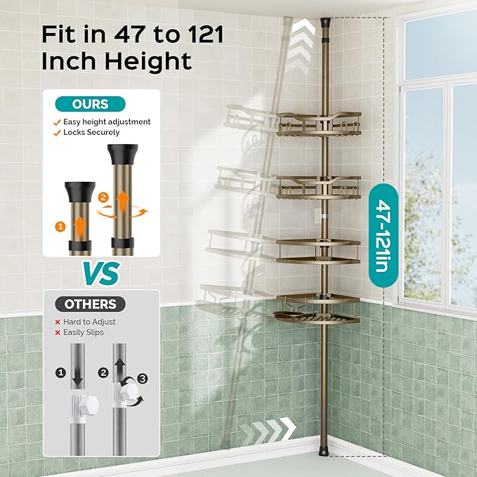 HAMITOR Corner Shower Caddy Tension Pole: Rustproof 4-Tier Bathroom Organizer Shelves for Bathtub Shampoo Storage - 47-121 Inch Quick Install Adjustable Rod Standing Rack with Soap Rack - Matte Gold - Bloomnest