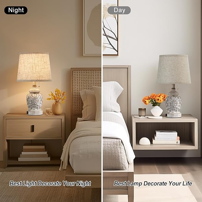 19.5" Vintage Rustic Table Lamp Set of 2 Farmhouse Table Lamps for Living Room Bedroom Decor with USB Ports Traditional Carved Floral White Bedside Night Light Lamps with Pull Chain Switch - Bloomnest