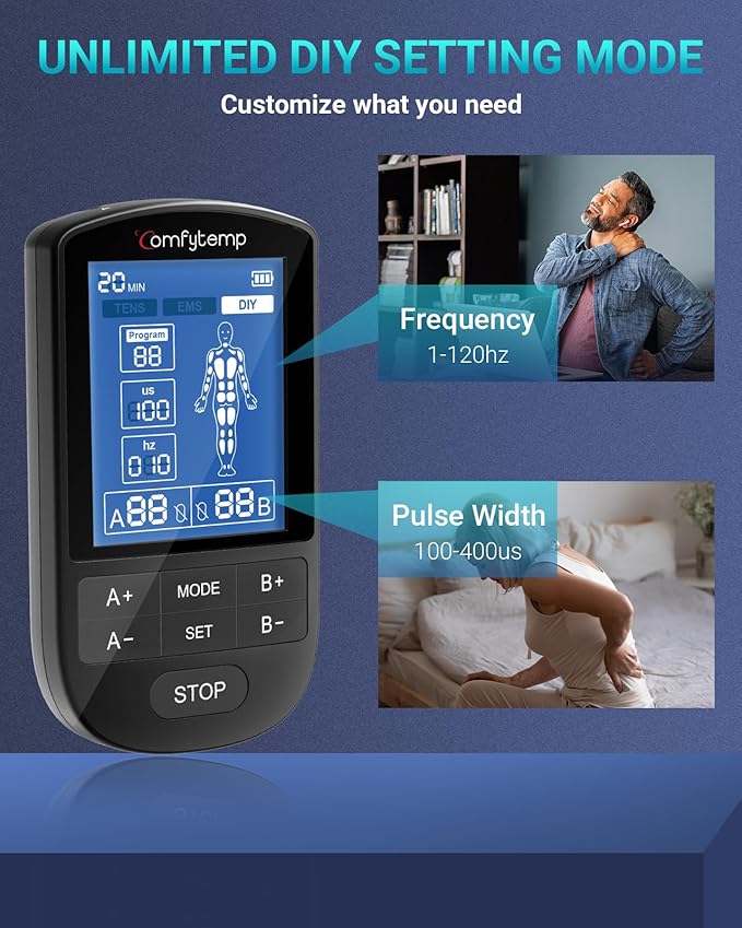 Comfytemp TENS Unit Muscle Stimulator for Pain Relief Therapy, TENS Machine with 24 Modes and DIY, Dual Channel EMS Unit, Pulse Muscle Massager for Back, Shoulder, Sciatica, Arm, 10 Electrode Pads Comfytemp