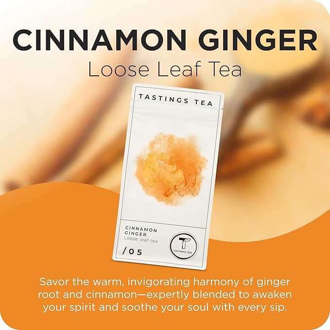 Tastings Tea Cinnamon Ginger Loose Leaf, 8 oz | Winter Warming Herbal Spice Blend for a Seasonal Brew | Natural Antioxidants for Wellness | Small Batch & Sustainably Sourced | Resealable Pouch - Bloomnest