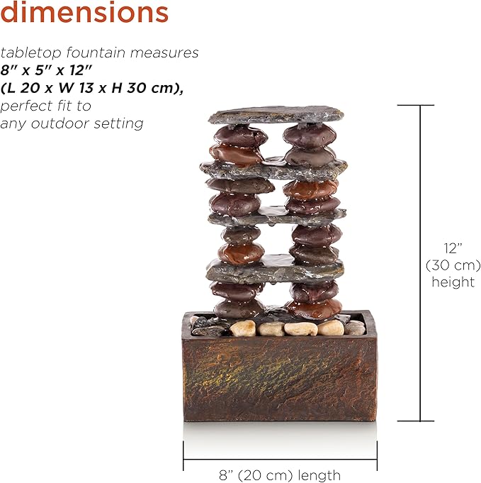Alpine Corporation TT8002 Indoor/Outdoor Tabletop Stacked Rocks Eternity Fountain, Modern Rocks Tabletop Fountain 12", Brown - Bloomnest