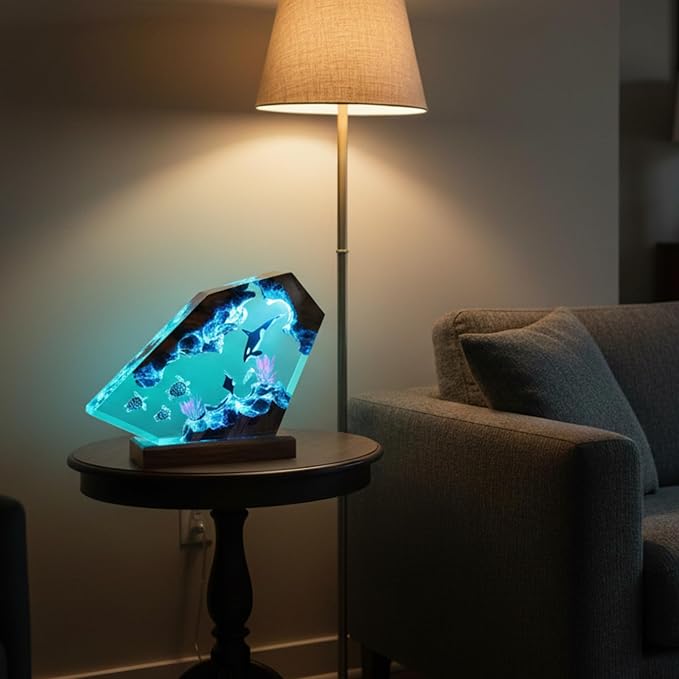 Handmade 3D Ocean Resin Lamp, Epoxy Ocean Night Light with Wooden Base, LED Color Changing Table Lamp, USB Powered Dragons Decor, Unique Ocean Gift for Bedroom & Home Office (Orca Whale) - Bloomnest