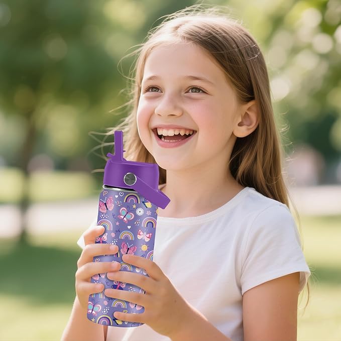 Butterfly Gifts - 16oz Purple Kids Water Bottle with Straw Lid, Stainless Steel Insulated Tumbler, Leakproof, BPA-Free, for Girls, School, Travel - Butterfly Rainbow Themed Birthday Gift Cup (1pc) - Bloomnest