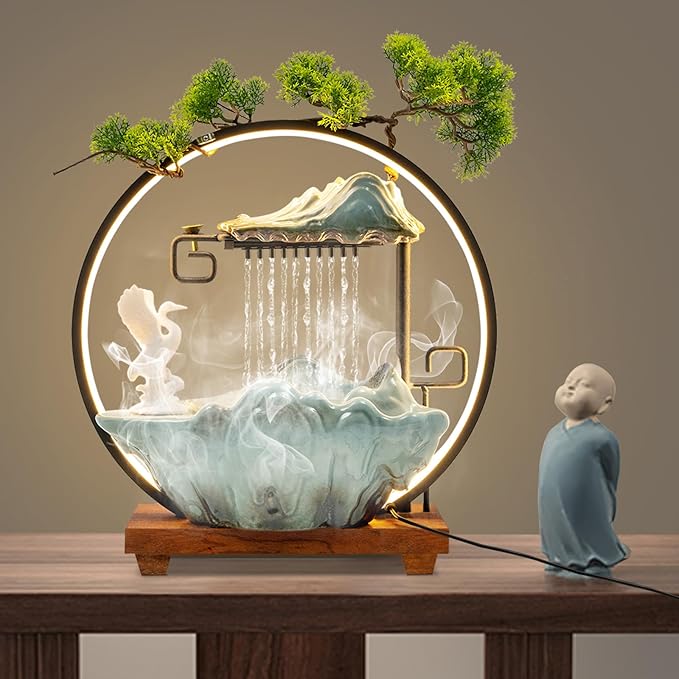 15In White Crane Water Fountain Waterfall Indoor Tabletop Decration Humidifier with LED Light, Atomizer Circulating Water, Japanese Zen Decor Meditation Feng Shui Decor Festival Birthday Gift - Bloomnest