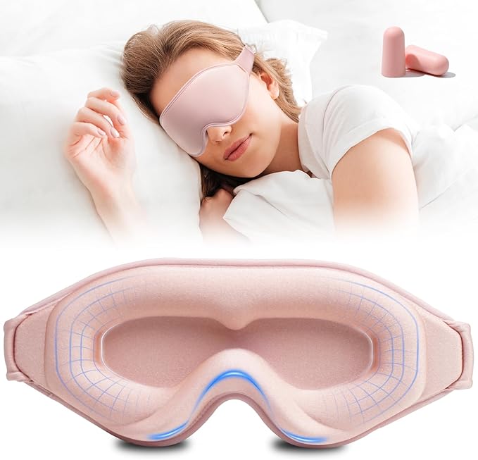 3D Sleep Mask with Earplugs, 100% Light Blackout Eye Mask for Sleep, Washable Sleeping Mask, 0 Pressure Eye Covers for Sleep with Wider Adjustable Strap, Only 1.3oz Light Soft Sleeping Mask (Pink) - Bloomnest