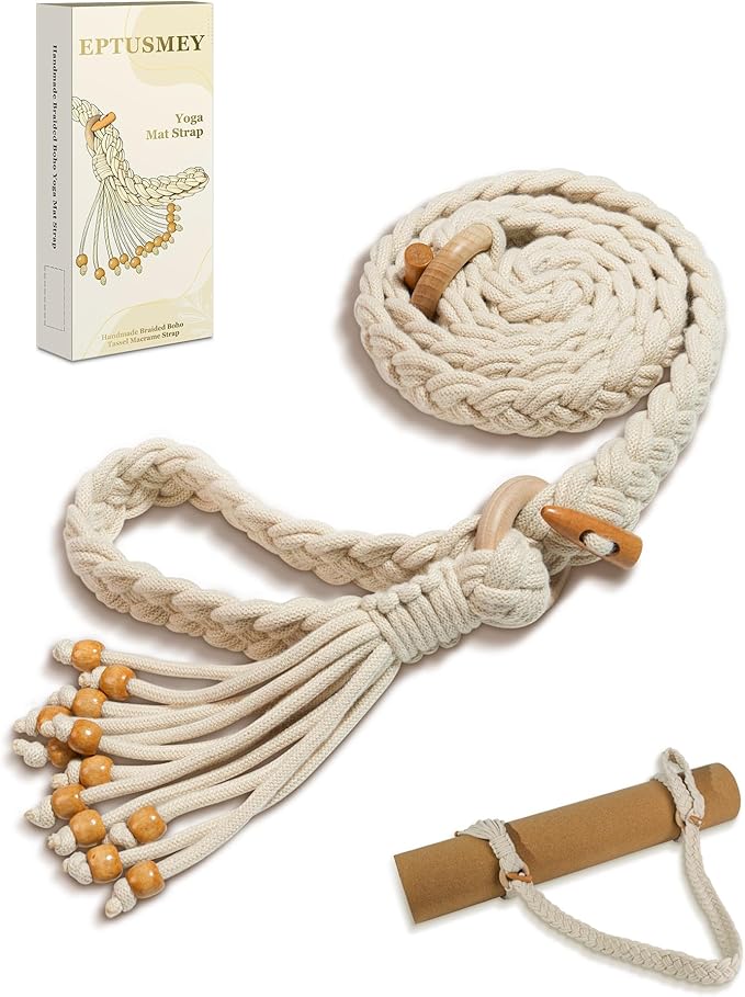 Yoga Mat Straps for Carrying, Handmade Braided Boho Bead Tassel Macrame Strap, Adjustable Thick Yoga Mat Carrier/Holder/Organizing, Stretching Band, Gifts for Women (Mat Not Included)