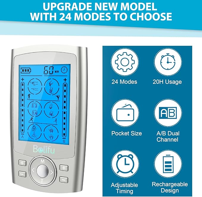 Belifu Dual Channel TENS EMS Unit 24 Modes Muscle Stimulator for Pain Relief Therapy, Electronic Pulse Massager Muscle Massager with 10 Pads, Dust-Proof Drawstring Storage Bag, Fastening Cable Ties Belifu