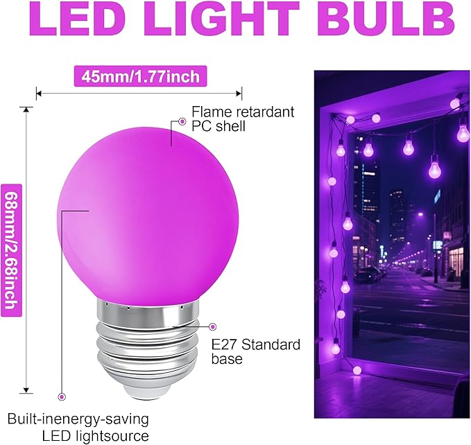 Dark Purple Pink Light Bulbs 1 Watt Low Lumen LED Night Light Bulb 10 Watt Equivalent E26/E27 Medium Base Mood Lighting for Wedding Party Bar Holiday Festival Halloween Christmas Room Decor 10Pack - Bloomnest