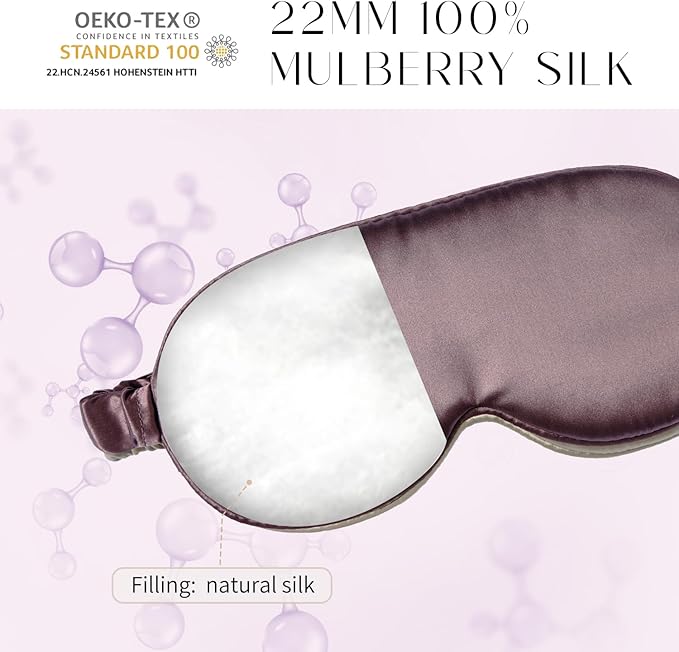 100% 22 Momme Mulberry Silk Sleep Mask, Eye Cover for Sleeping, Blackout 3D Sleep Masks for Lash Extensions with Adjustable Strap for Men and Women (Purple) - Bloomnest