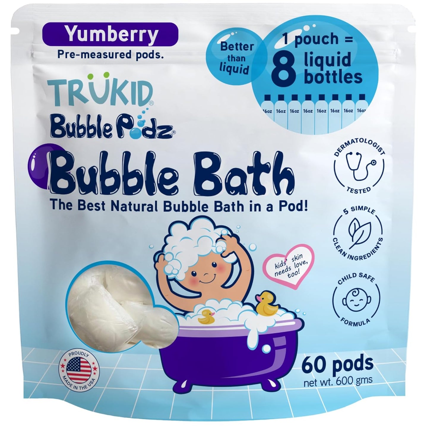 TruKid Bubble Podz Bubble Bath for Kids, Toddlers, & Babies, Tear Free Gentle & Refreshing Bath Bomb for Sensitive Skin with Natural Moisturizers, Non-Toxic, pH Balanced, Yumberry Scent (60 Podz)