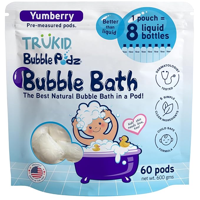 TruKid Bubble Podz Bubble Bath for Kids, Toddlers, & Babies, Tear Free Gentle & Refreshing Bath Bomb for Sensitive Skin with Natural Moisturizers, Non-Toxic, pH Balanced, Yumberry Scent (60 Podz) - Bloomnest