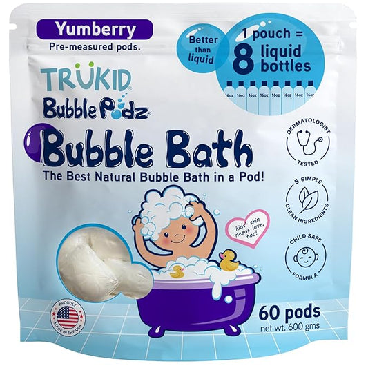 TruKid Bubble Podz Bubble Bath for Kids, Toddlers, & Babies, Tear Free Gentle & Refreshing Bath Bomb for Sensitive Skin with Natural Moisturizers, Non-Toxic, pH Balanced, Yumberry Scent (60 Podz) - Bloomnest