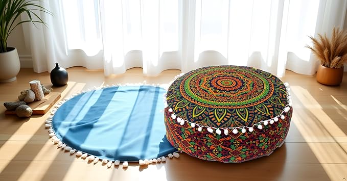 INDIAN CRAFT CASTLE ICC Floor Pillows & Cushion Covers Decorative Hippie Mandala Pouf Pillow Covers Seating Meditation Cushion Cover Large Boho Ottoman Case Pillowcase Couch New Blue, 16" Round - Bloomnest