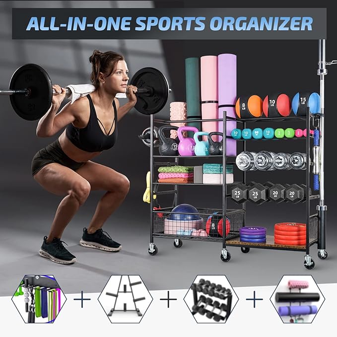 PLKOW Dumbbell Rack, Weight Rack for Dumbbells, Home Gym Storage for Dumbbells Kettlebells Yoga Mat and Balls, All in One Workout Storage with Wheels and Hooks, Powder Coated Finish Steel - Bloomnest