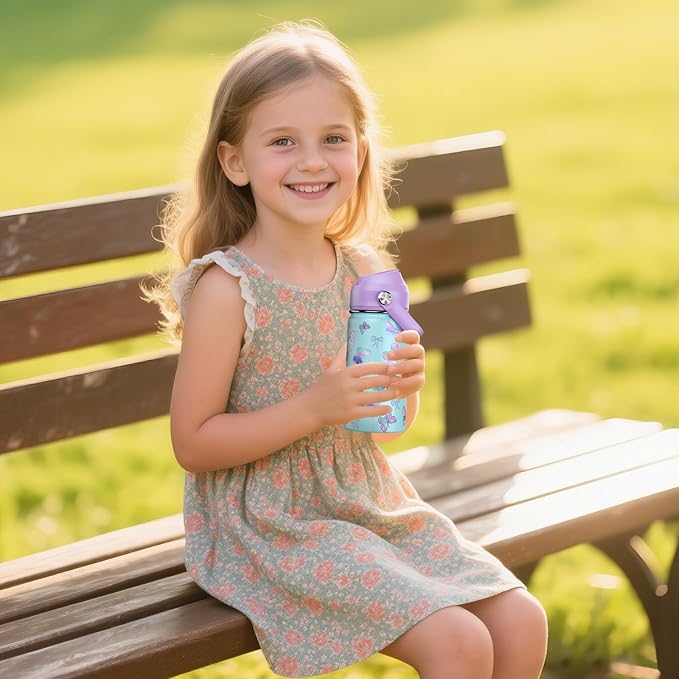 14oz Kids Insulated Water Bottle with Straw Lid - 18/8 Stainless Steel Kid Cup Travel Tumbler Double Wall Vacuum Leak Proof Portable Toddler Water Bottle(Butterfly） - Bloomnest