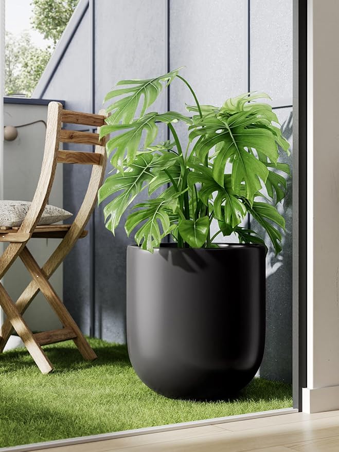 LE TAUCI 12 Inch Pots for Plants, Ceramic Large Planters for Home Garden Patio Office, Indoor Modern Plant Pots with Drainage Hole and Rubber Plug, Black - Bloomnest