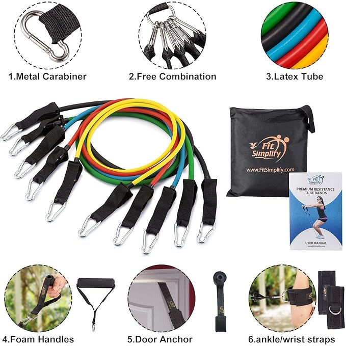 Fit Simplify Resistance Tube Bands 12 Piece Set with Instruction Booklet - Bloomnest