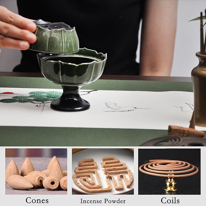 Ceramic Incense Holder with Lid,Lotus Incense Cone Holder for Coil Incense and Powder Incense,Mediation Gift,Home Decor (Deep Green) - Bloomnest