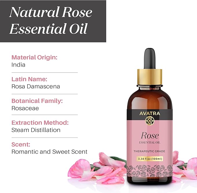 Avatra Rose Essential Oil 100ML (3.38 OZ) with Glass Dropper and Travel Bottle, Pure and Natural Therapeutic Grade Lavender Oil for Diffuser, Aromatherapy, Massage, and DIY Candle Products - Bloomnest