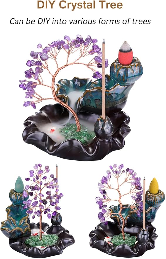 Jovivi Backflow Incense Burner Ceramic Incense Waterfall, Natural Amethyst Healing Crystal Money Tree Incense Holder for Wealth, Good Luck, Yoga Meditation, Home Decor - Bloomnest
