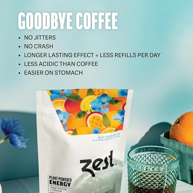 Zest Energy Tea Bags – Blue Lady Passion Fruit Black Tea – High Caffeine Tea for Morning Energy, Focus & Clarity – Natural Caffeinated Tea with 150mg Caffeine – 20Ct Pack – Non-GMO & Keto Friendly - Bloomnest