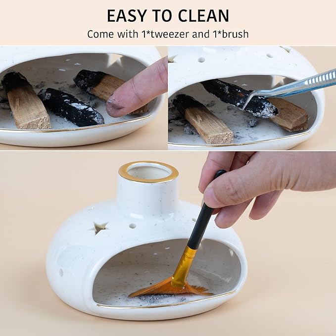 ZenBless 3 in 1 Incense Holder for Palo Santo Sticks Sage Incense, Handcrafted Ceramic Incense Burner Holder Ash Catcher with Chimney, Smudge Bowl for Yoga Meditation Room Home Decor ZenBless