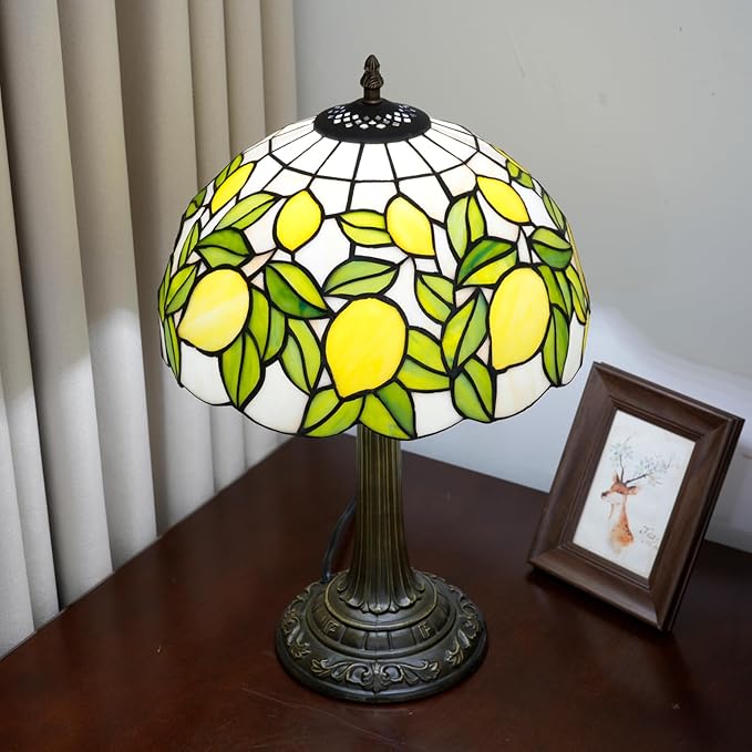 Tiffany Lamp Yellow Lemon Green Leaves Stained Glass Table Lamp Vintage Bedroom Desk Light for Home Dorm Office Art Craft Antique Decor Accent Aesthetic Nightstand Reading Light - Bloomnest