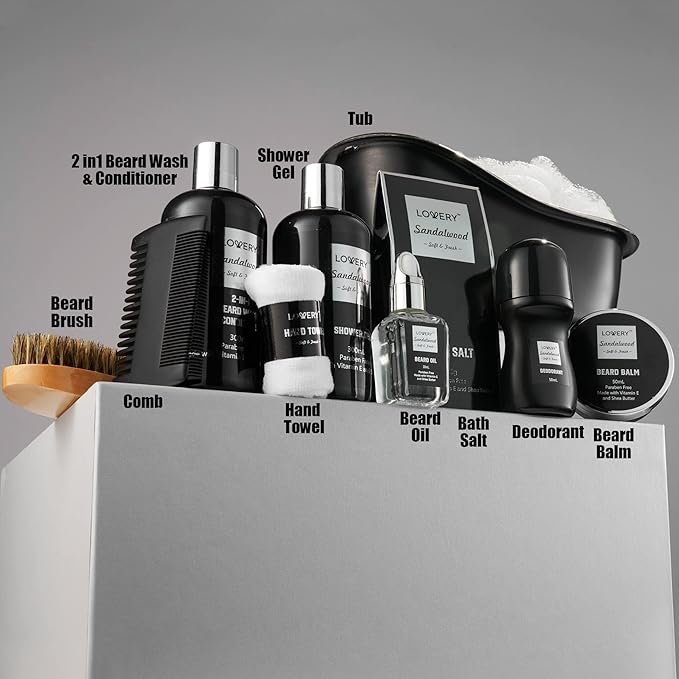 Gifts for Men, Valentines Day Gifts for Him Body And Wash Gift Set Beard Kit and Body Care, Sandalwood Spa Baskets, Bath and Beard Grooming Kit, for Husband, Dad, Beard Balm Growth Oil