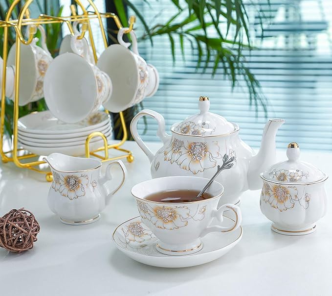 CHENP.HMC Tea Set 22-Piece Porcelain Ceramic Coffee Tea Gift Sets Cups Saucer Service for 6 Teapot Sugar Bowl Creamer Pitcher and Teaspoons (Chrysanthemum) - Bloomnest