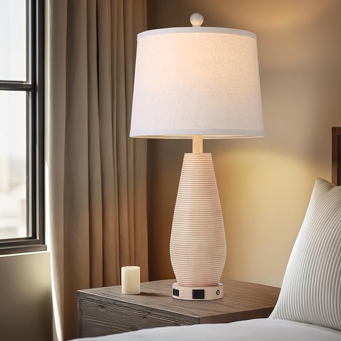 Farmhouse Table Lamps Set of 2 with USB C+A Ports and AC Outlet, 3 Way Touch Rustic Bedside Lamps for Living Room, 26.5" Cream Vintage Lamps for Bedroom Nightstand - Bloomnest