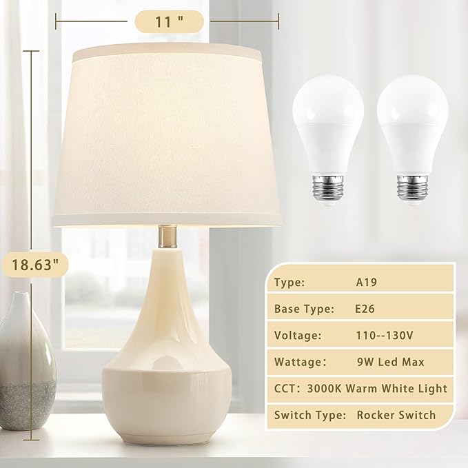 GyroVu Table Lamp Set of 2, 18.63” Ceramic Table Lamp Classic Beside Lamps Nightstand Lamp Modern Lamp for Living Room, Bedroom & Office Rocker Swtich Cream-LED Bulbs Included - Bloomnest