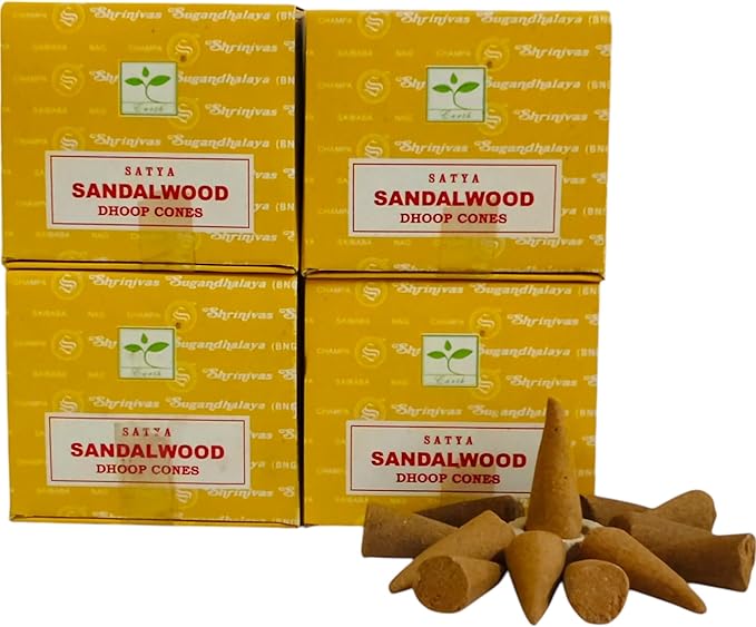 Satya Nag Champa Incense Cones for Meditation and Yoga, 48 Pieces, 4 Packs (Incense Dhoop Cones, Sandalwood) Giftbrit