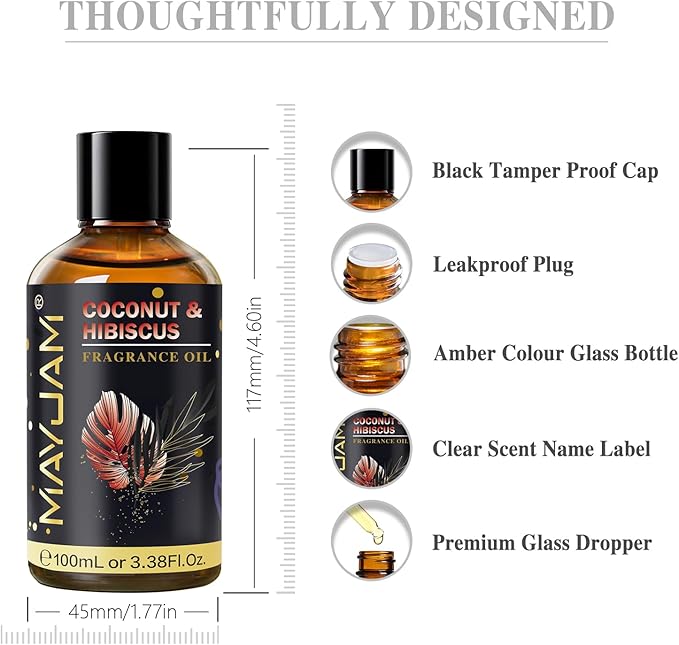 Coconut & Hibiscus Fragrance Oil Essential Oil, MAYJAM 3.38FL.OZ Coconut & Hibiscus Oil for Diffusers for Home, Long Lasting Scented Oils for Soap Candle Making - 100ML MAYJAM