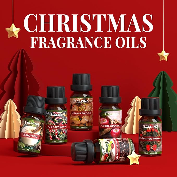 SALKING Christmas Fragrance Oils, Premium Essential Oil for Diffuser, Scented Oil Gift Set for Soap Candle Making - Christmas Wreath, Apple Cinnamon, Gingerbread, Candy Cane, Christmas Pudding, Eggnog - Bloomnest