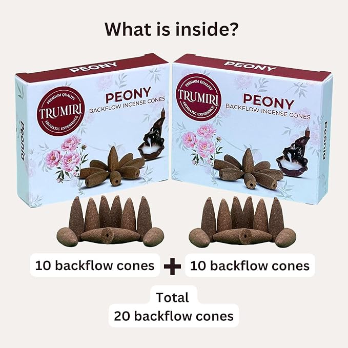 Peony Backflow Incense Cones - Total 20 Incense Cones Waterfall - Dual Pack of 10 Incense Backflow Cones - Waterfall Incense Cones - Incense Waterfall Cones TRUMIRI