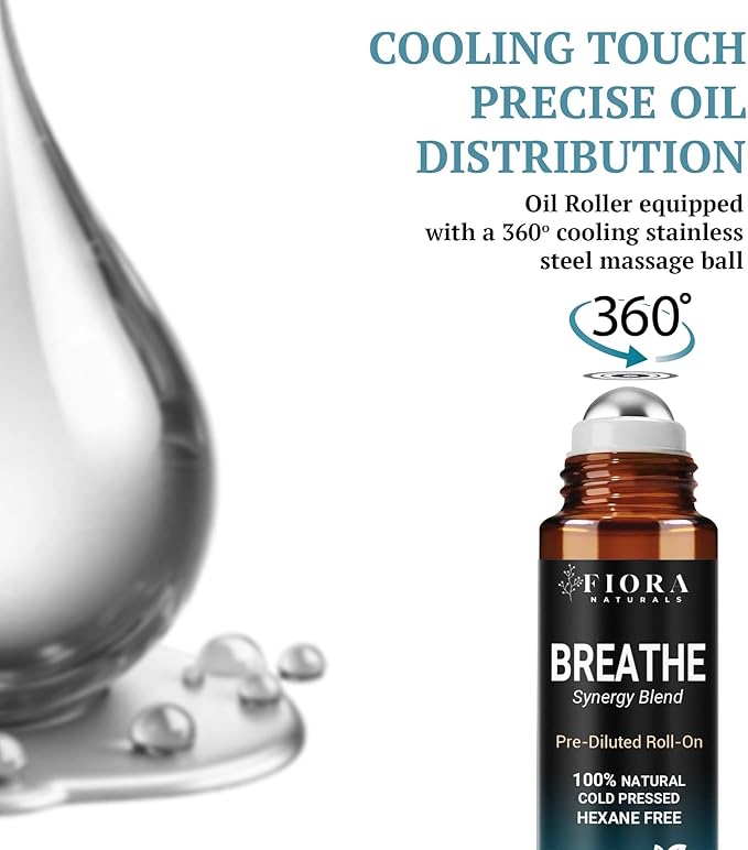 Fiora Naturals Breathe Essential Oil Roll-On Blend - 100% Pure Eucalyptus, Peppermint & Tea Tree Oil Aromatherapy Blend. Therapeutic-Grade - Bloomnest