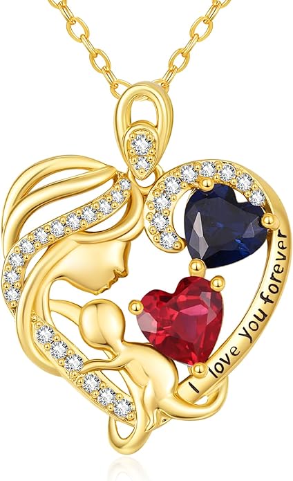 14K Gold Double Birthstone Heart Necklace for Women Mom, Mother Son/Daughter Pendant Necklace for Christmas Mother's Day Birthday Gifts for Wife Daughter Grandmom - Bloomnest