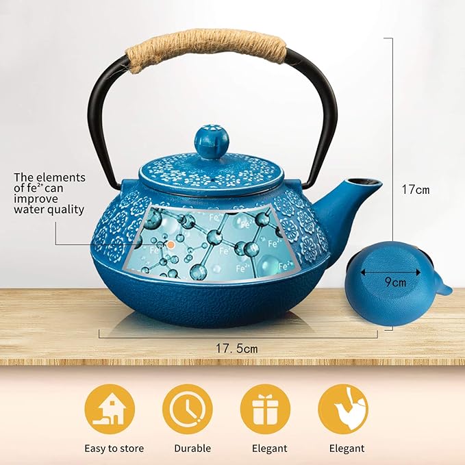 Sotya Cast Iron Teapot, 30oz/900ml Japanese Tetsubin Tea Pot with Infuser for Loose Leaf and Tea Bags, Tea Kettle Coated with Enameled Interior for Stove Top, Dark Blue - Bloomnest