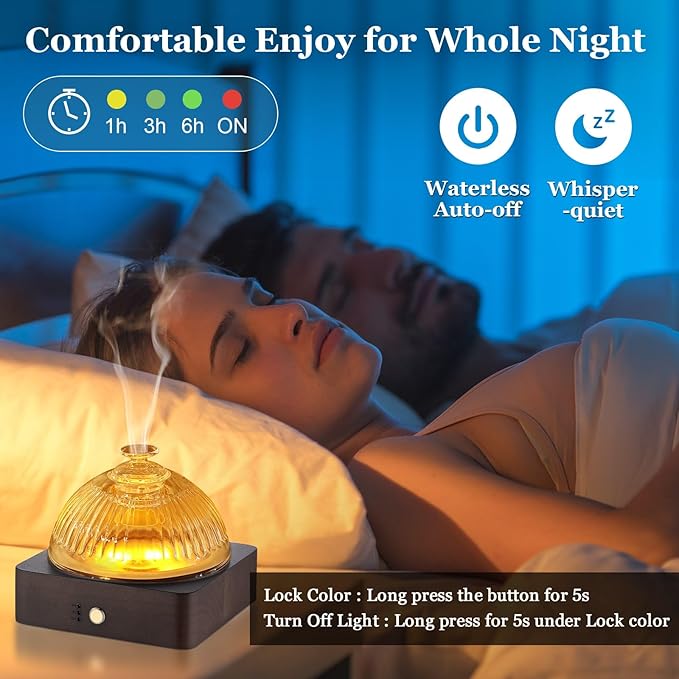 Glass Essential Oil Diffuser with Glass Reservoir & WoodBase, 200ml Ultrasonic Lock Color Timer Auto-Off 7 Color Light Aroma Glass Dome Diffuser for Home Office Bedroom Yoga - Dark Brown - Bloomnest