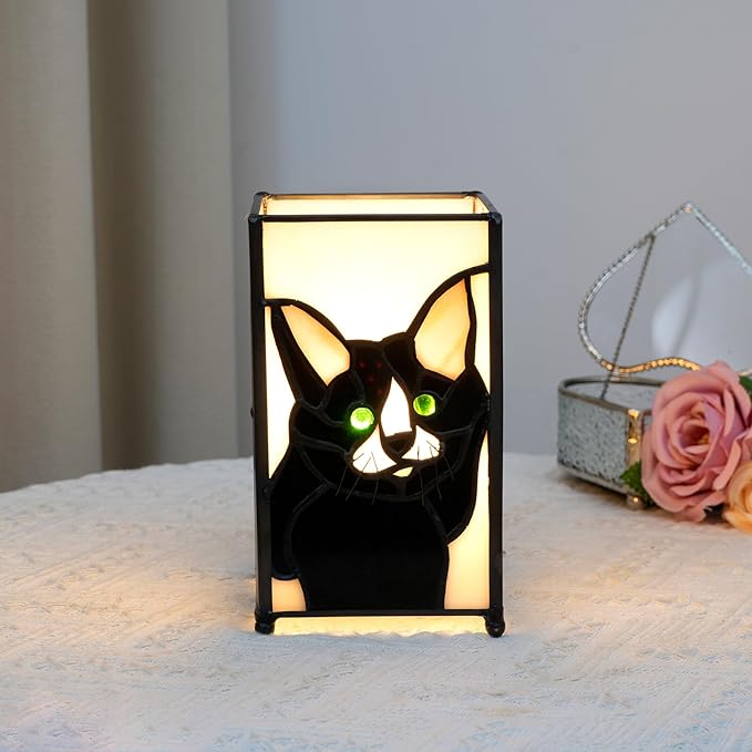 Tiffany Lamp Stained Glass lamp Small Bedside Table Lamps for Living Room Home Decor,Girls Women Birthday Halloween Christmas Thanksgiving Day Gift,Black Cat - Bloomnest
