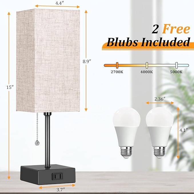 Table Lamp for Bedroom set of 2,3-Color Bedside Lamps with Pull Chain Table Lamps for Nightstand with AC Outlets,Night Light Lamps with 2 Bulbs Lamps for Living Room Kids Office Decor（Black+Cream） - Bloomnest