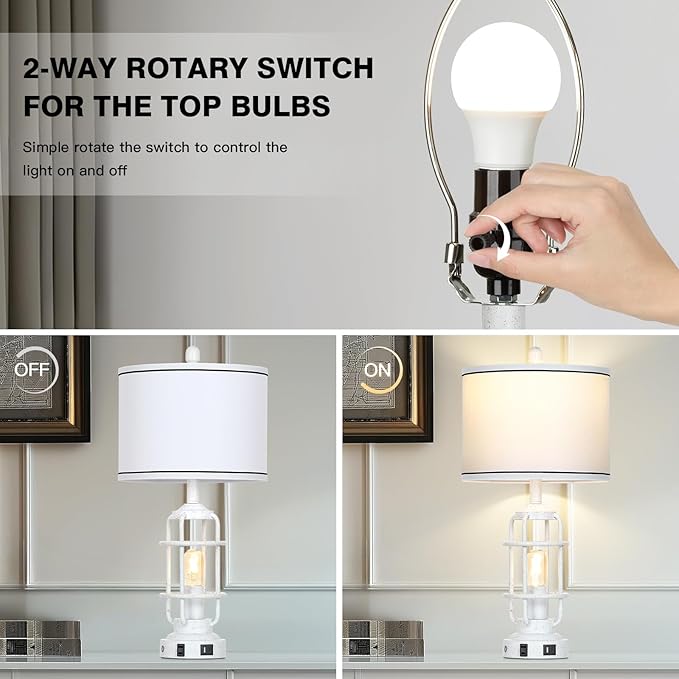 Farmhouse Industrial Lamps with USB A+C Charging Ports & AC Outlet, 3 Way Dimmable Touch Control Vintage Rustic Table lamps for Living Room, White Retro Beside Nightstand Metal Modern Lamp for Bedroom - Bloomnest