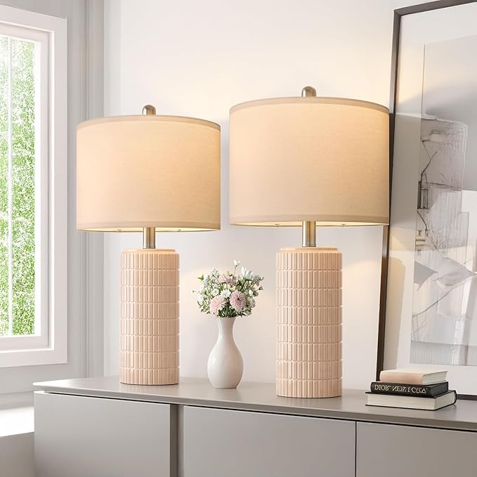 PoKat 23" Pink Ceramic Table Lamps Set of 2, Modern Bedroom Lamps for Girls Room, Bedside Lamps for Night Stands, Cute Lamps for Living Room Decor, Nightstands Desk Lamp, Pink - Bloomnest