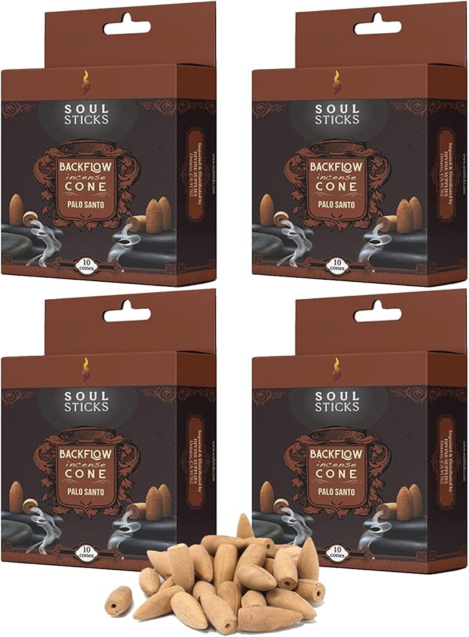Soul Sticks Backflow Incense Cones – 40 Handmade Organic Cones for Waterfall Burner | 4 Pack Long Lasting Aromatic Scents | Thick White Smoke Incense for Meditation, Yoga & Gifts (Palo Santo) SoulSticks