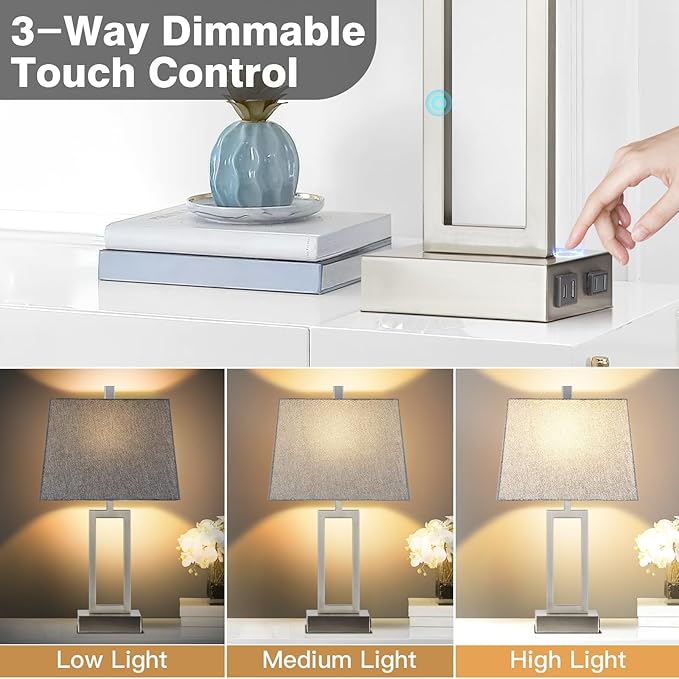 Touch Control Table Lamps Set of 2, Modern Silver Bedside Lamps with USB A+C Ports & AC Outlet, 3 Way Dimmable Contemporary Nightstand Lamps for Bedroom Living Room(LED Bulb Included) - Bloomnest
