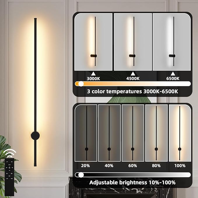 LED Wireless Wall Sconce with Remote Control, Dimmable/350° Rotate/Timing/USB Rechargeable Battery Powered Indoor Wall Lamps, 39.9 inch Black Wall Lights Set of Two for Hallway, Living Room, Bedroom - Bloomnest